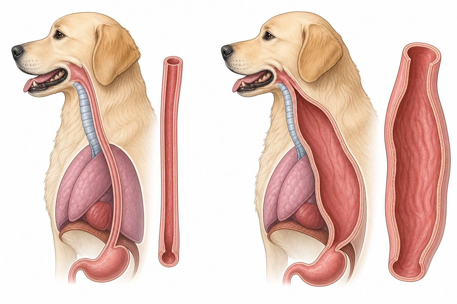 Comparison of a normal dog esophagus and a dilated megaesophagus.