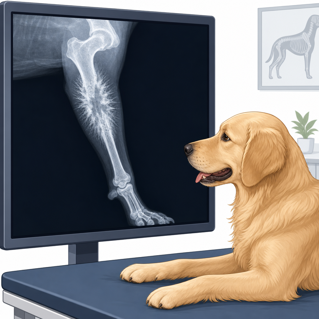 A digital X-ray of a dog's leg showing bone destruction and abnormal bone growth.