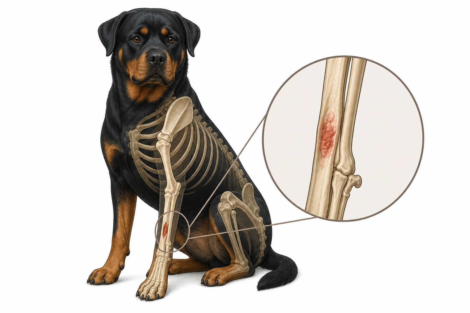 Anatomy diagram of a large breed dog highlighting a bone lesion on the front leg.