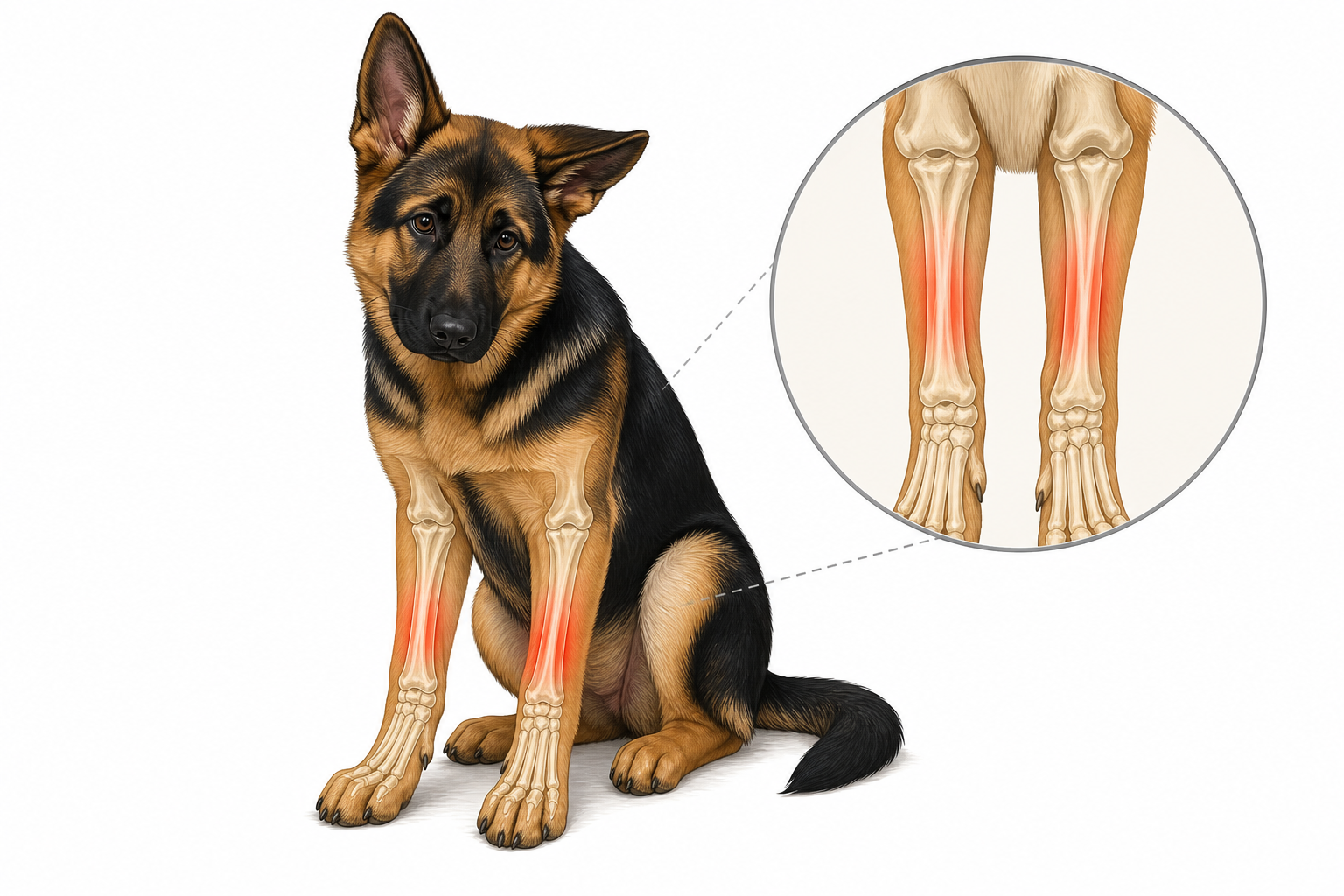 A young German Shepherd dog sitting uncomfortably, showcasing its front limbs.