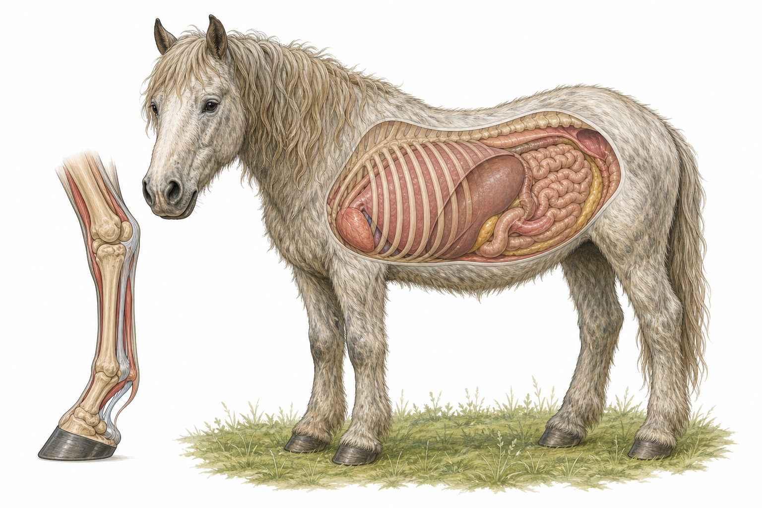 An older horse with a long, curly, unshed winter coat standing in a field.