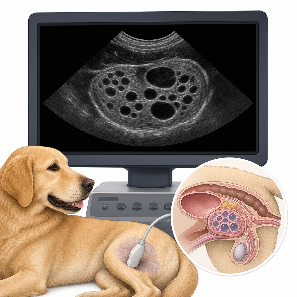 嚢胞性変化を伴う犬の前立腺を示す獣医用超音波モニター
