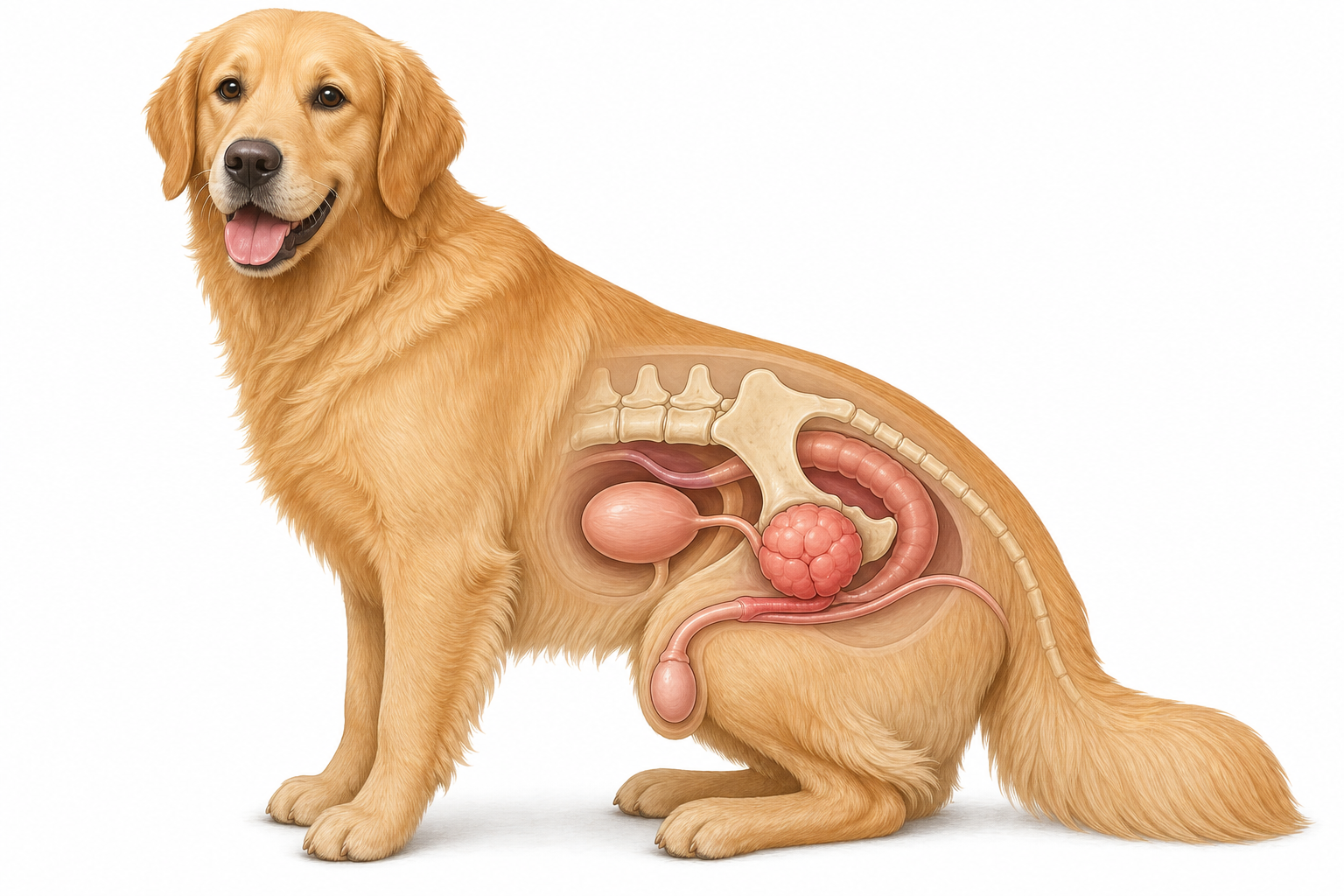 肥大した前立腺を示すオス犬の解剖学的オーバーレイ図