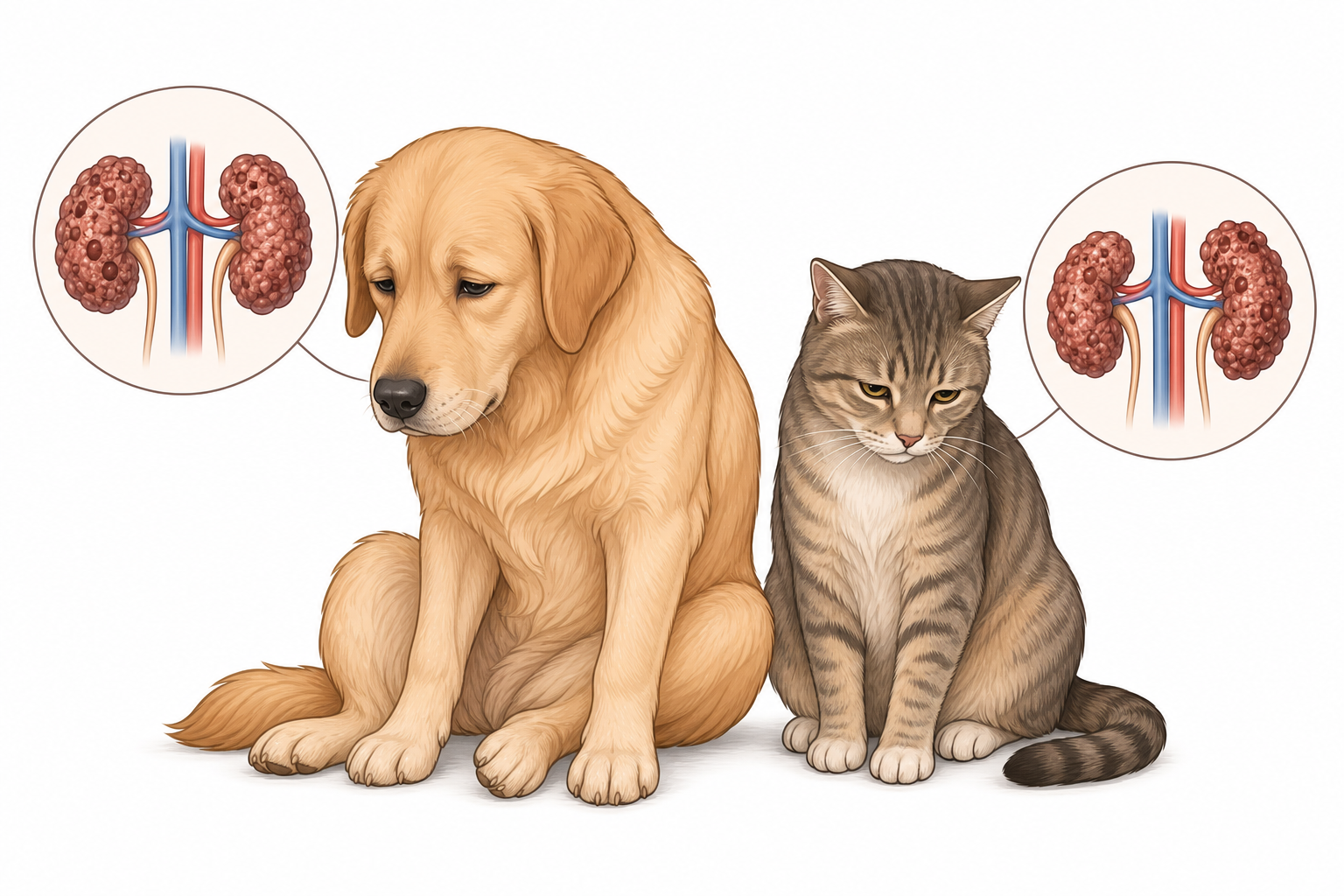 A domestic dog and cat sitting together looking lethargic and unwell.
