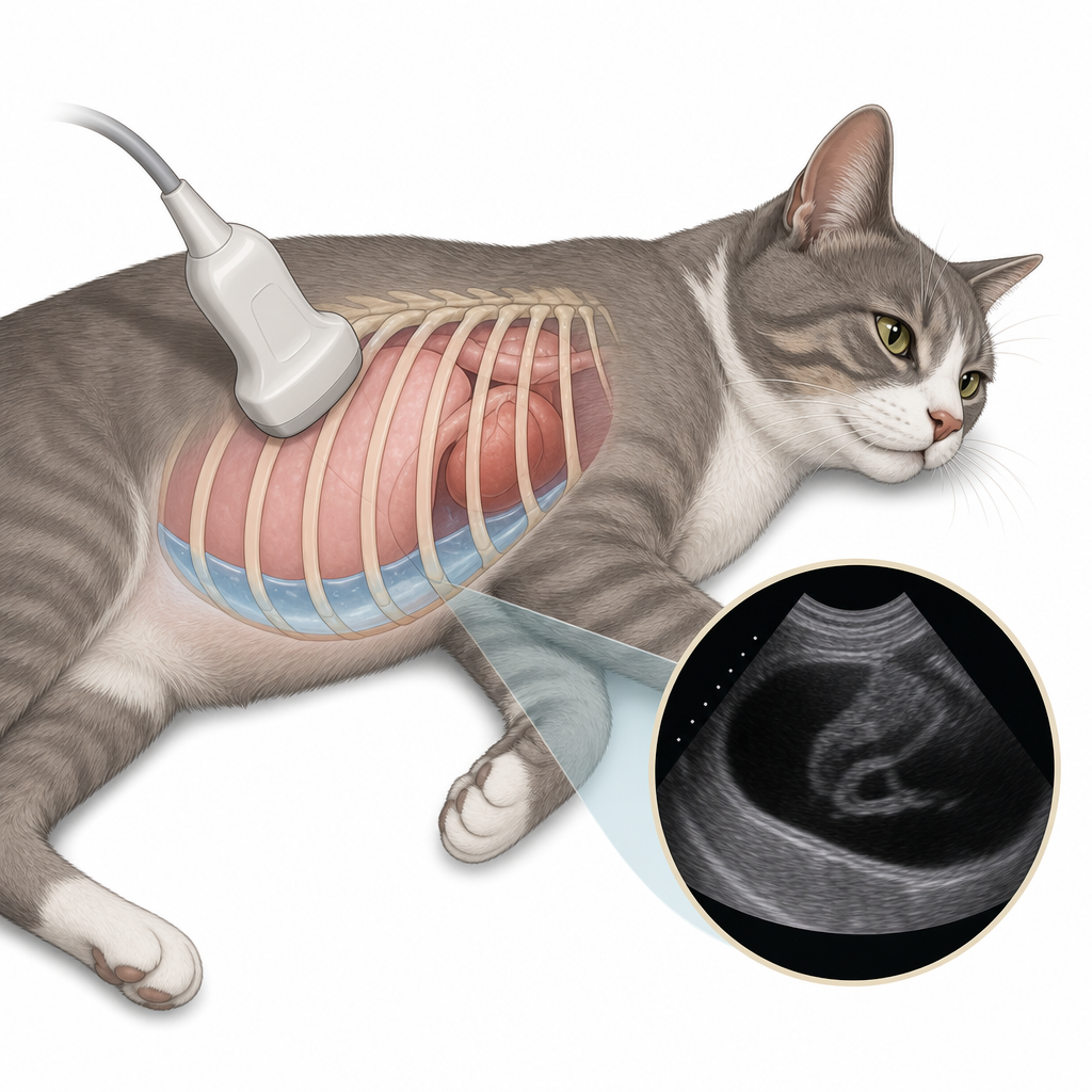 A veterinary technician performing an ultrasound on a cat's chest.