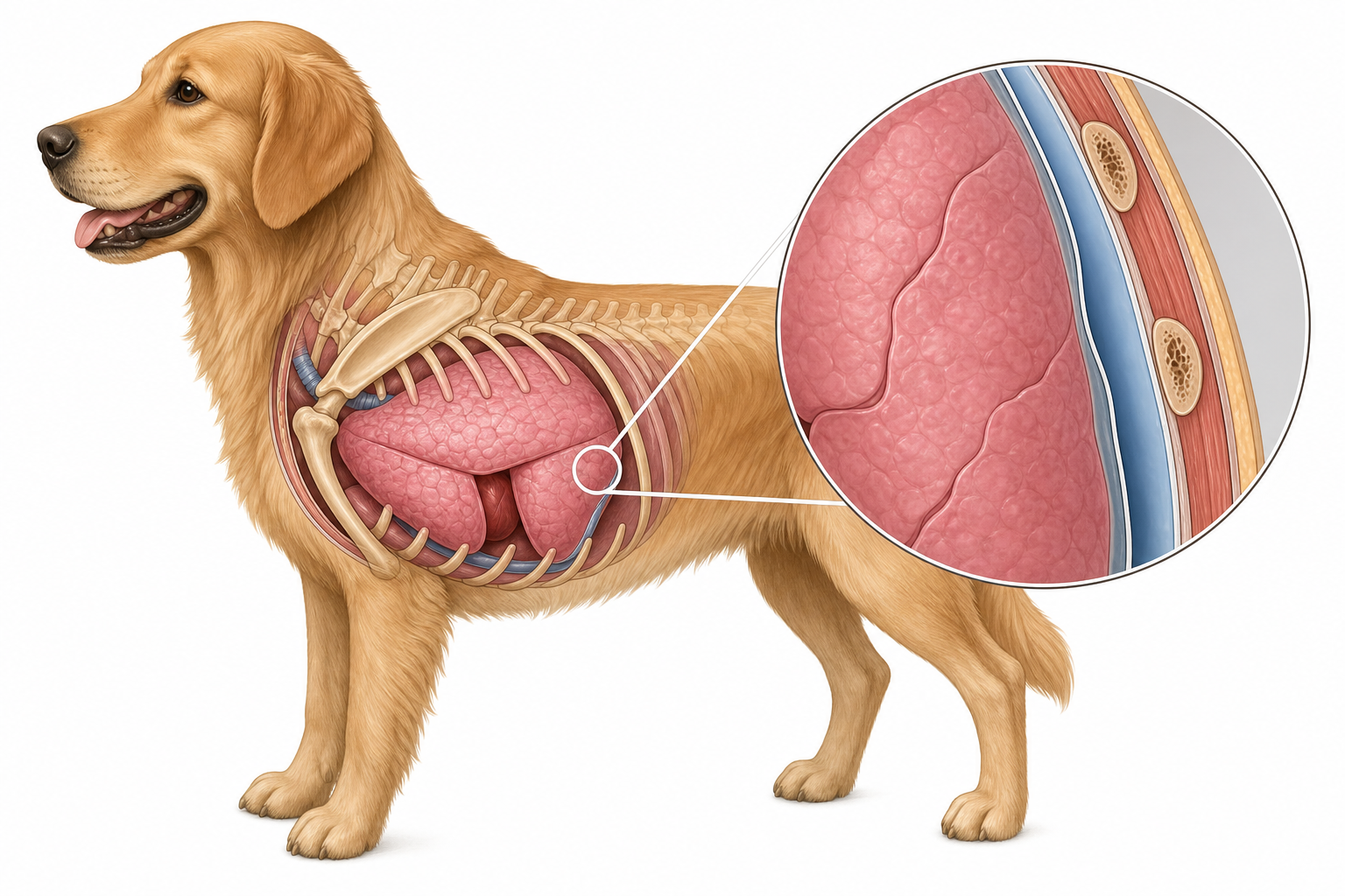 Anatomy diagram of a dog's chest cavity showing the lungs and the pleural space.