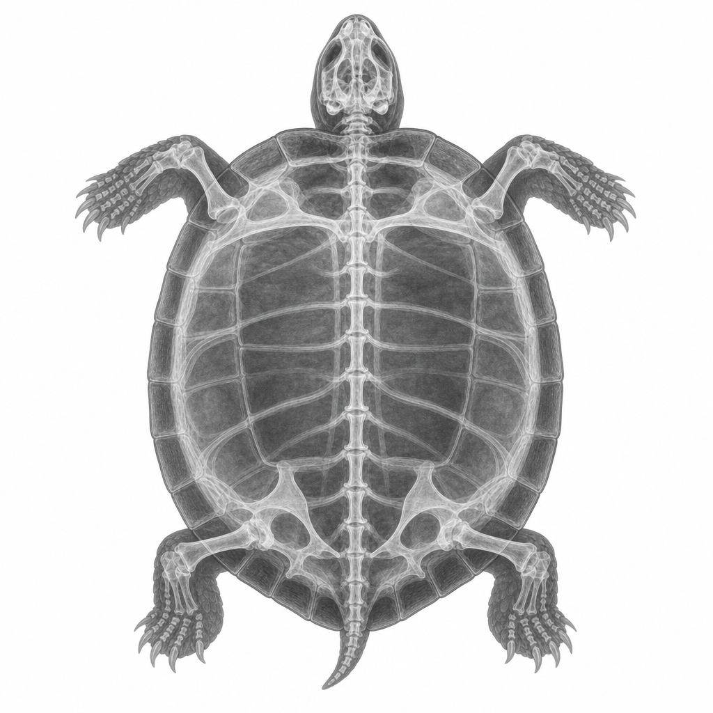 An X-ray of a tortoise showing the internal bone structure of the shell.