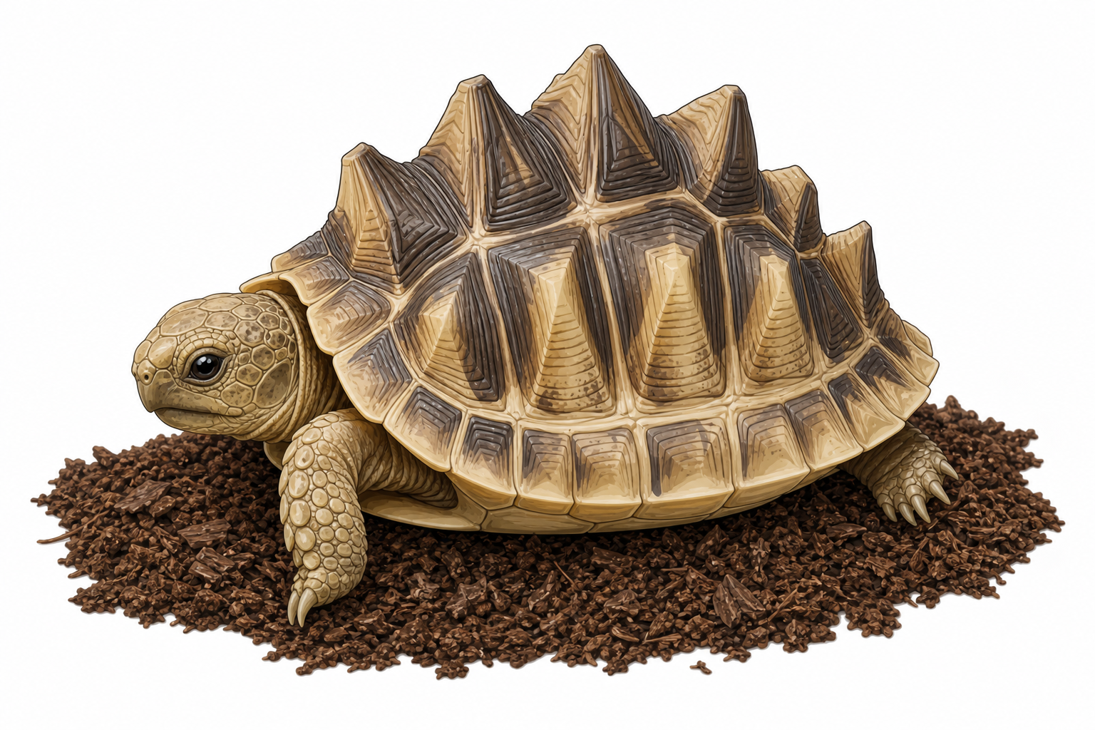 A young tortoise with pyramiding shell deformity on soil.