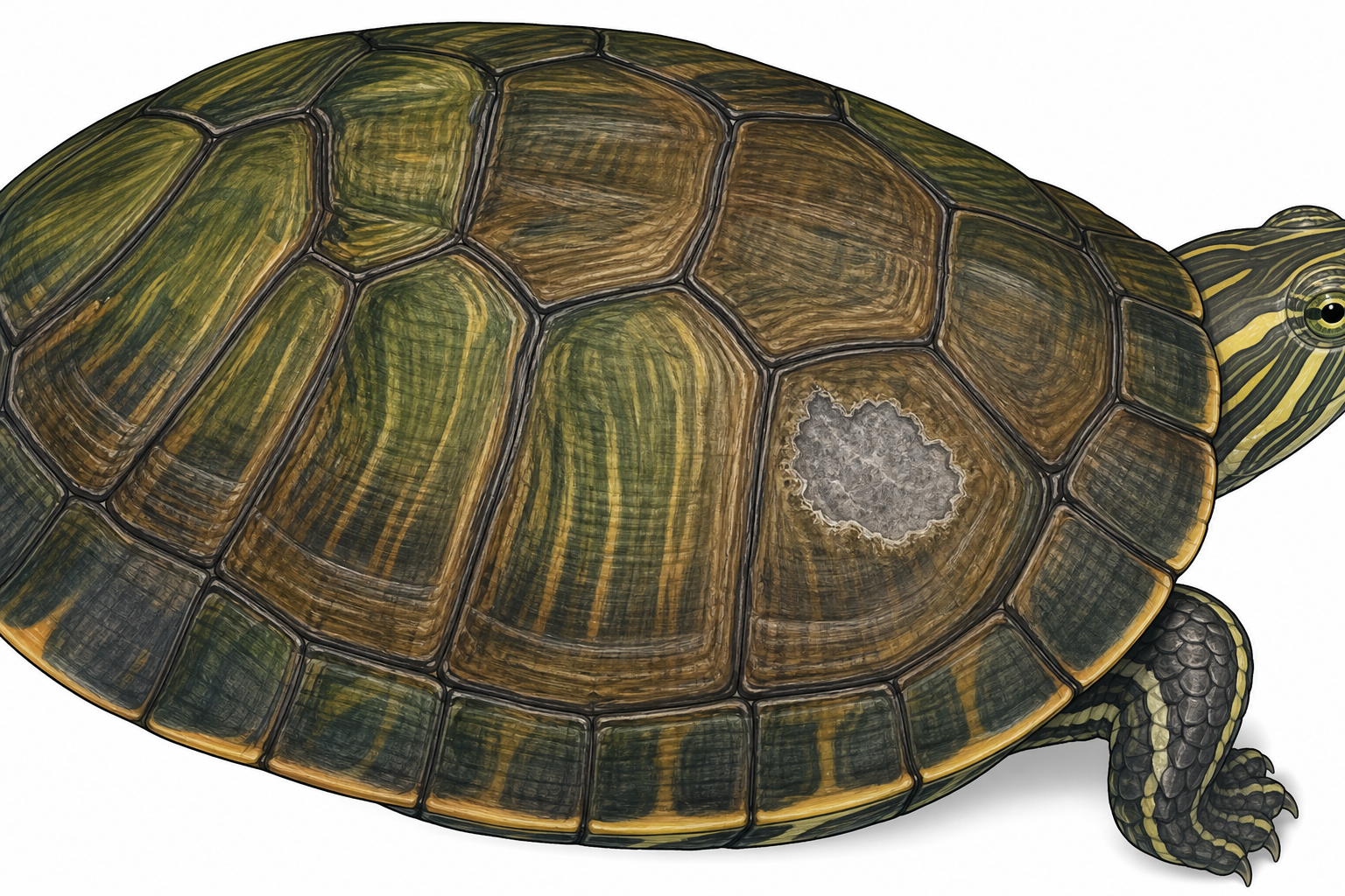 A close-up of a turtle's shell showing healthy scutes alongside a small area of localized erosion.