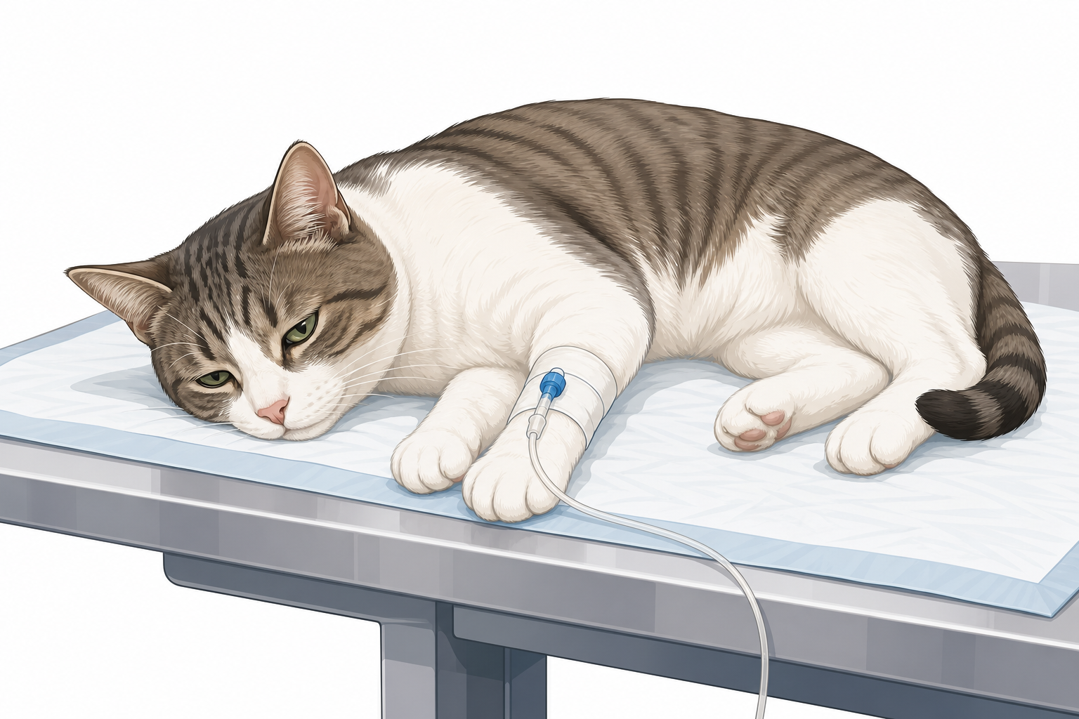 A sick domestic cat resting on an emergency veterinary table with an intravenous catheter in its front leg