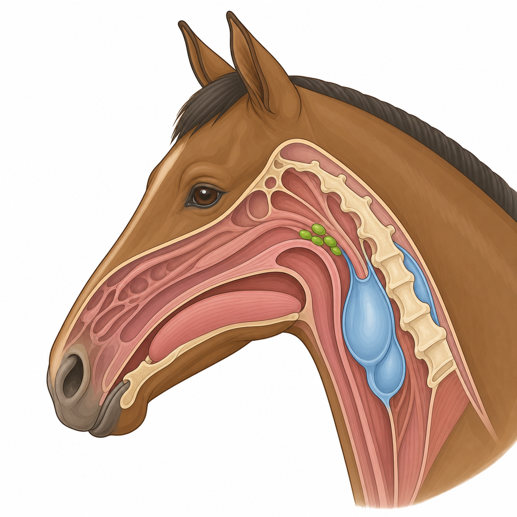 Anatomical diagram of a horse's head showing guttural pouches and lymph nodes.