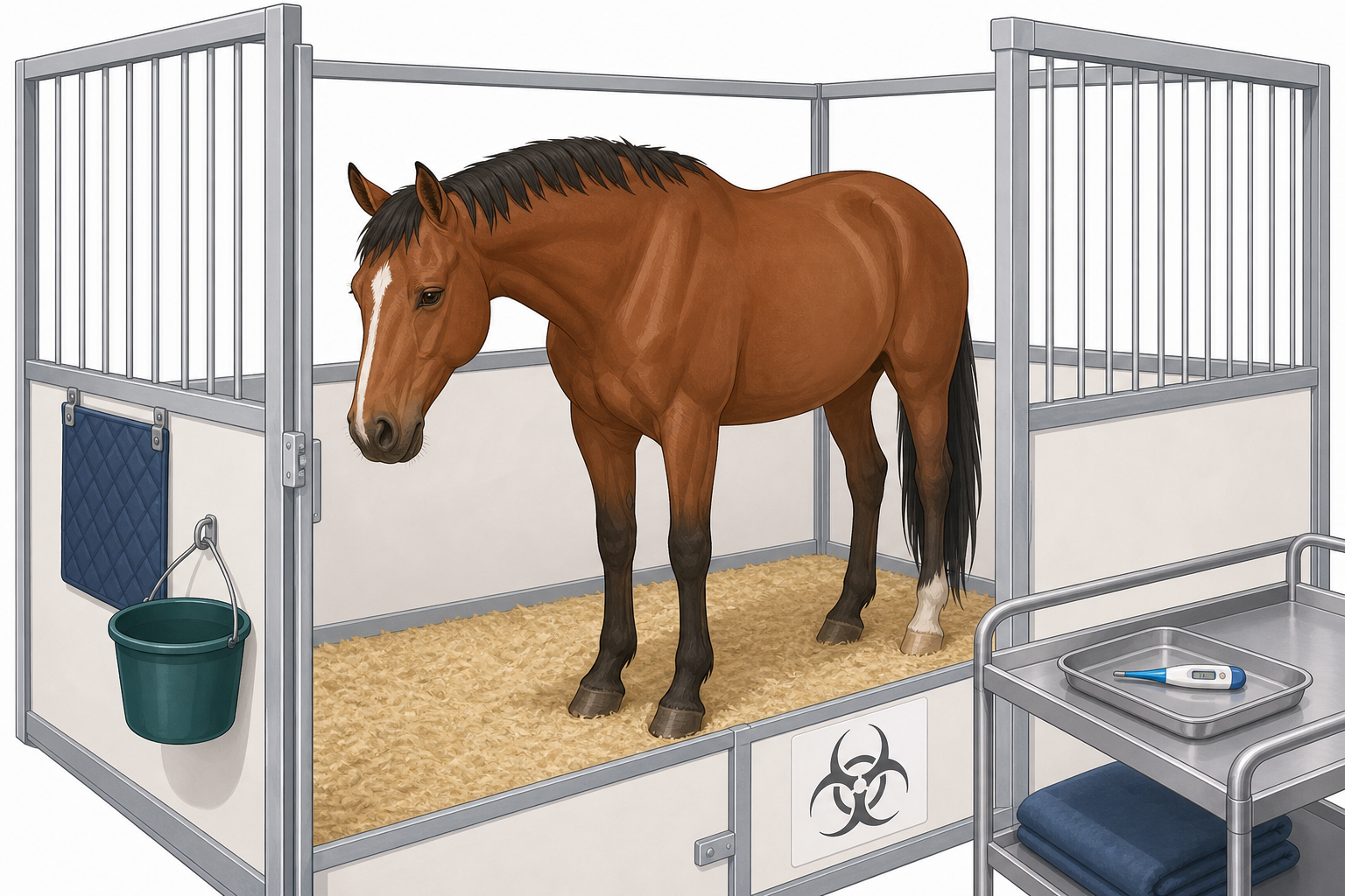 A horse in a clean quarantine stall showing mild depression.