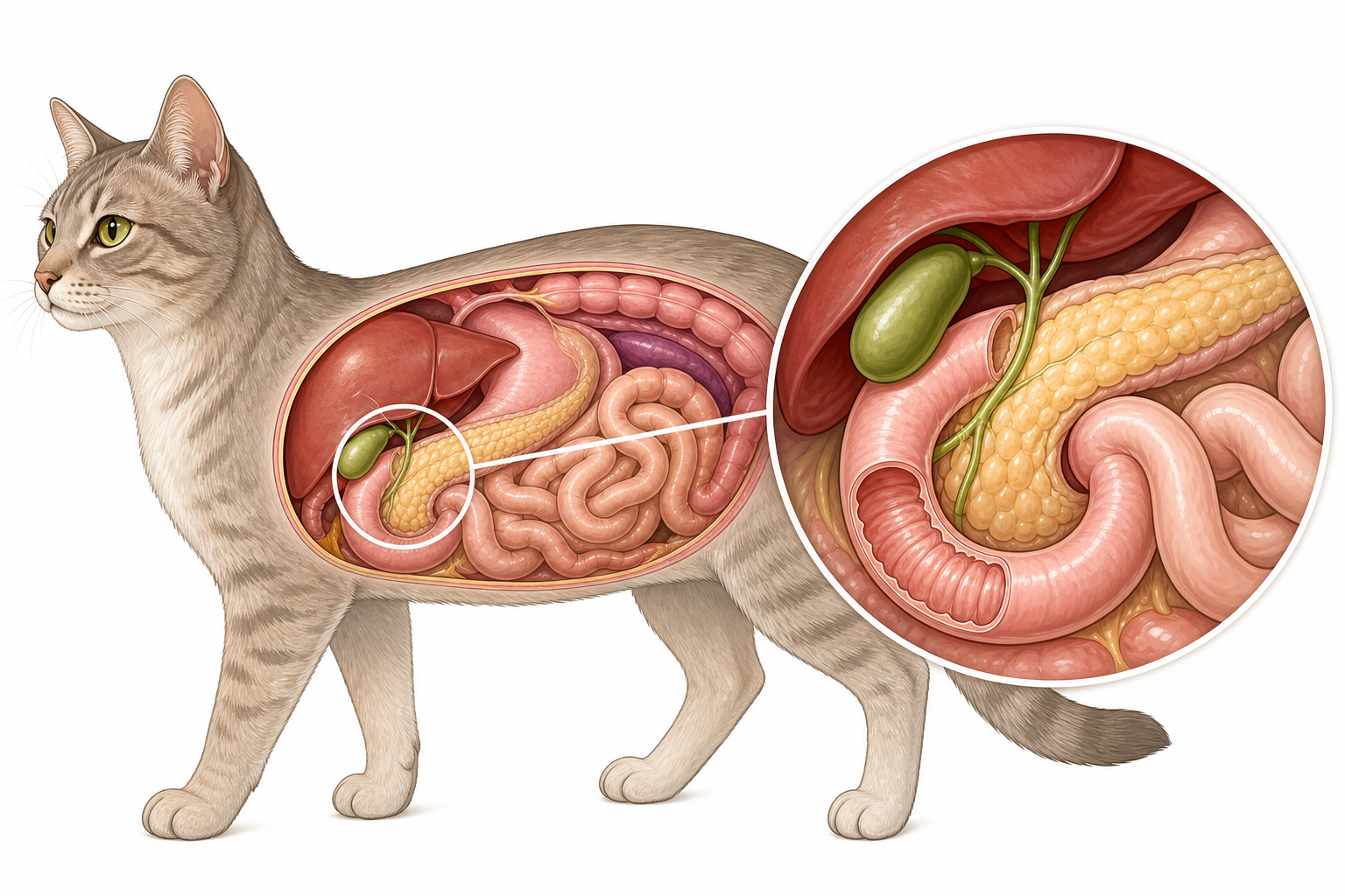 Anatomy diagram of a cat's upper abdomen showing the shared bile and pancreatic duct.