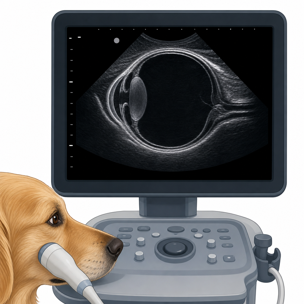 犬の眼球内部構造を表示する眼科超音波検査のモニター
