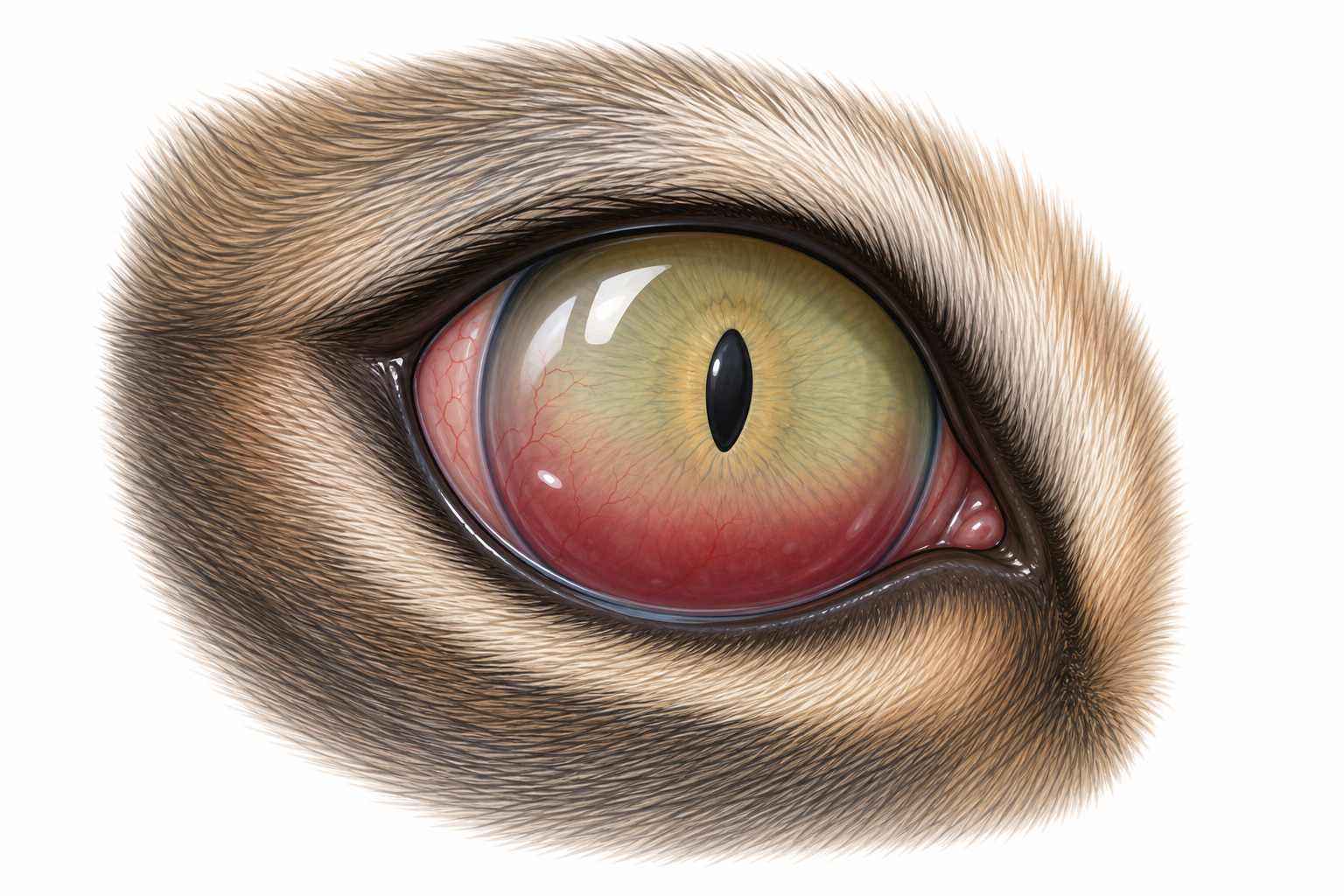 Close-up of a feline eye with uveitis showing pupil constriction and cloudiness.