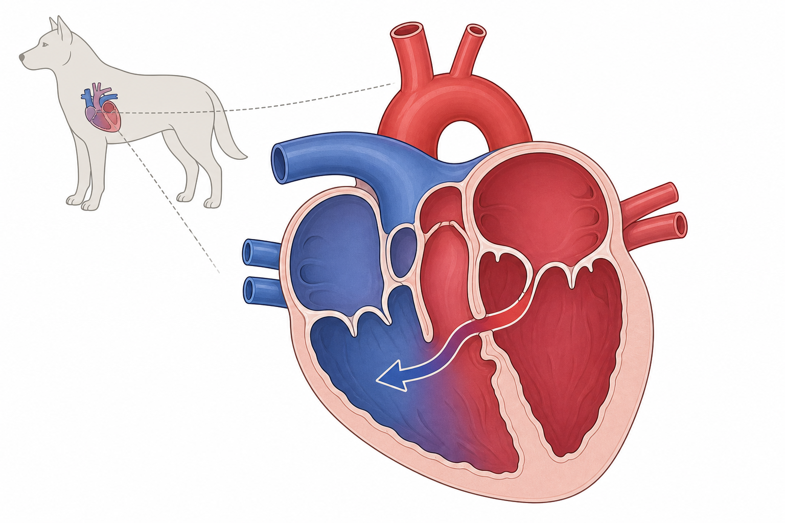 Diagram showing a hole in the wall between the heart's lower chambers.