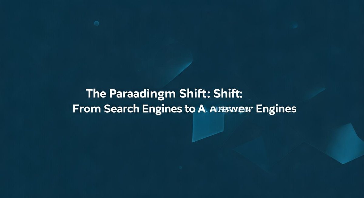 Abstract graphic depicting a transition. On the left, a magnifying glass over search results. On the right, a brain icon e...