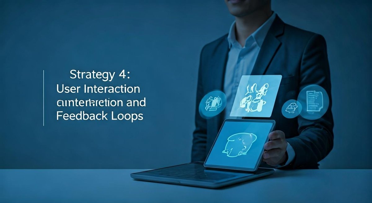 A digital illustration depicts a stylized user interface with interactive elements like surveys and feedback forms. Arrows...