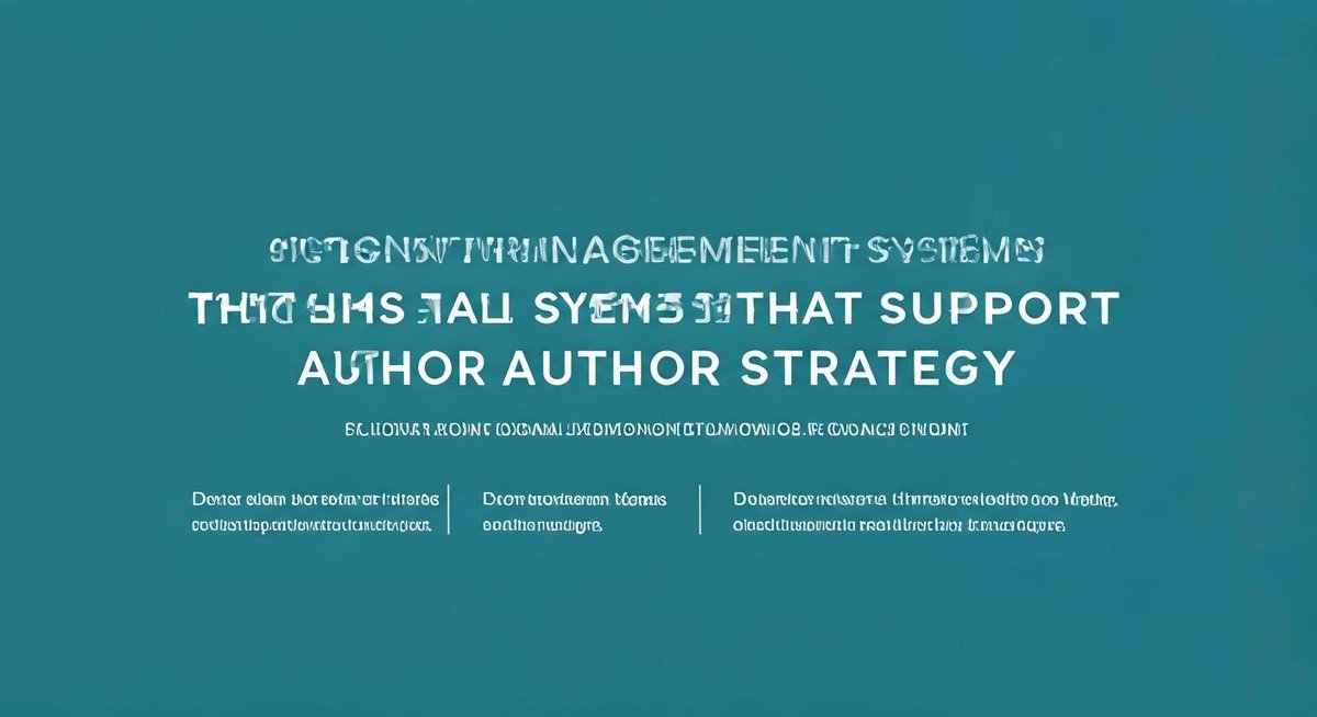 A laptop displays a content management system interface with highlighted authoring tools. Charts and graphs subtly overlay...