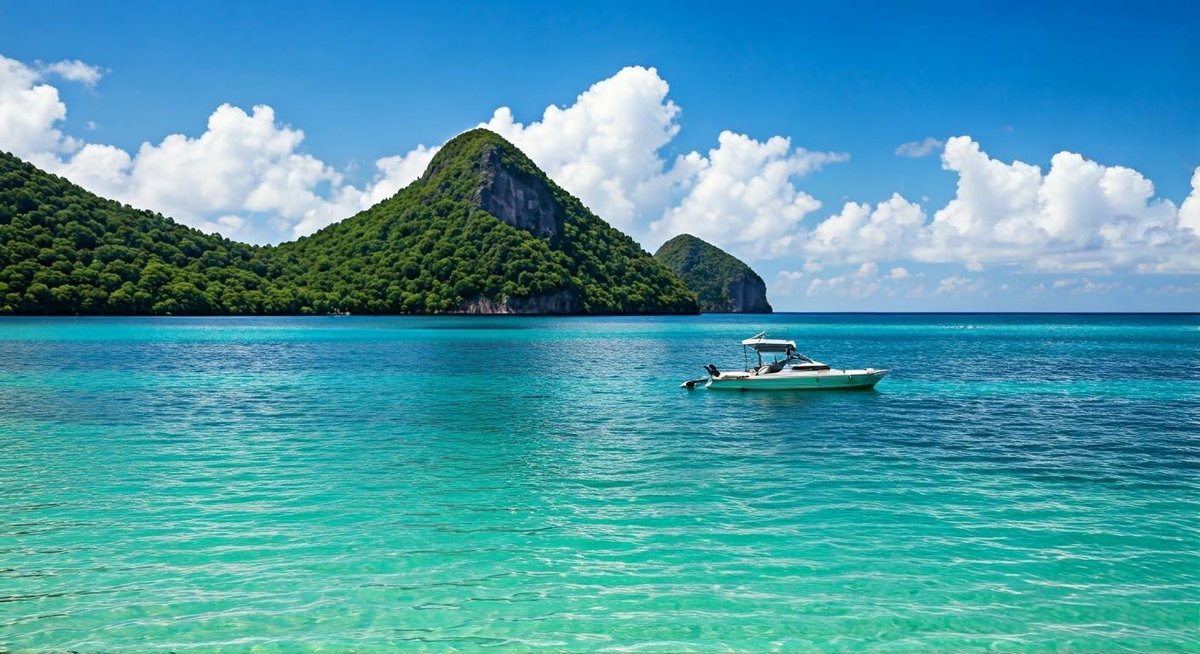 Turquoise Caribbean waters meet a white sand beach under a clear blue sky. Palm trees sway gently, suggesting a relaxed, y...