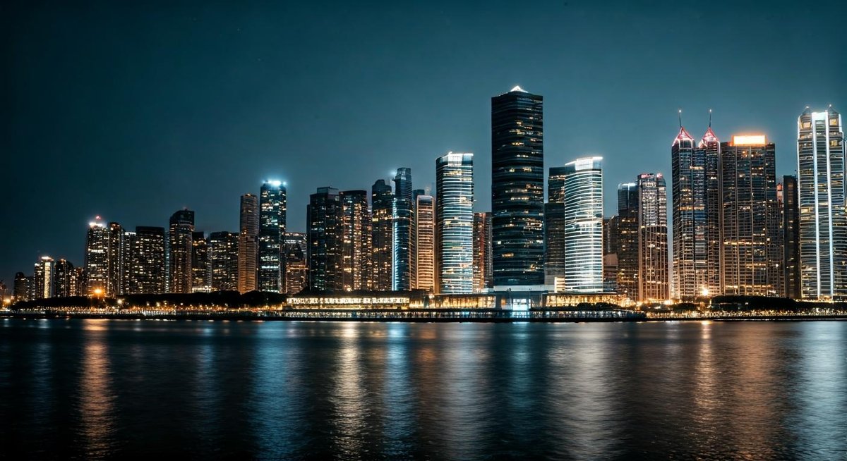 A person works on a laptop at an outdoor cafe in Southeast Asia. Lush greenery and vibrant city life blend in the background.