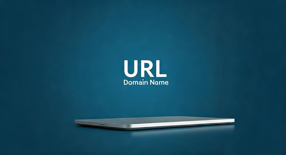 Conceptual graphic illustrating the difference between a URL and a domain name. Visual elements depict website structure a...