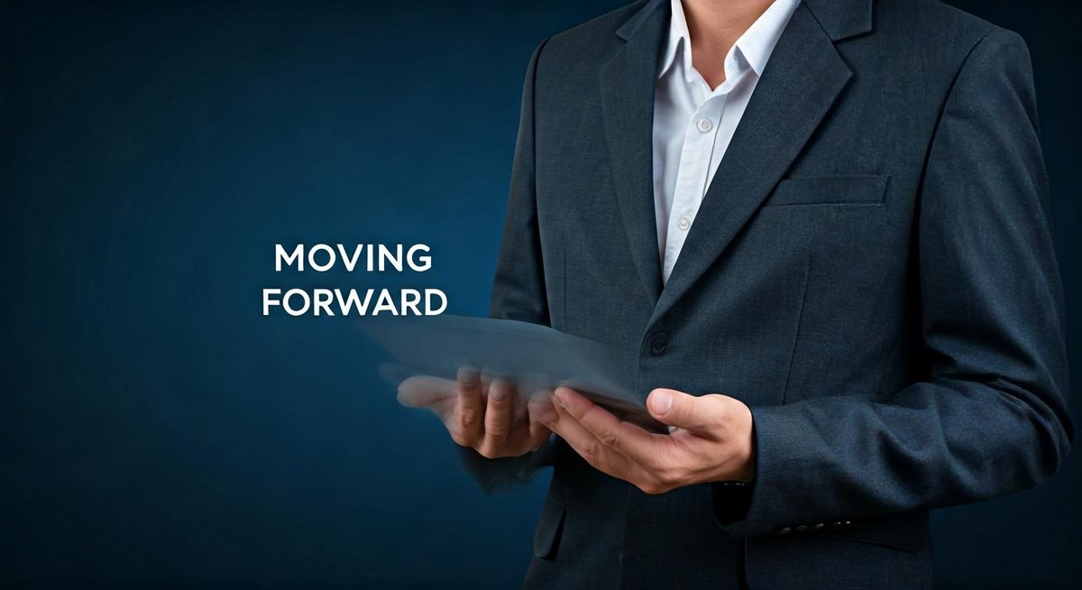 A person walks confidently on a path leading toward a bright, abstract cityscape. Suggests progress and future opportunities.