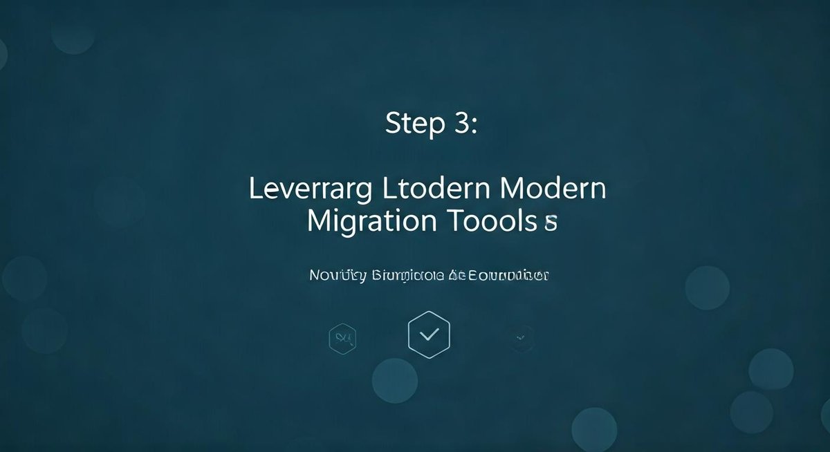 A computer screen displays a modern software migration tool interface. Data is flowing between two stylized server icons, ...