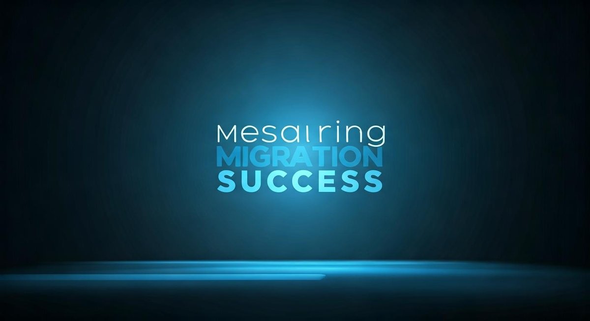 A data dashboard displays charts and graphs tracking migration progress. Key metrics are highlighted, suggesting successfu...