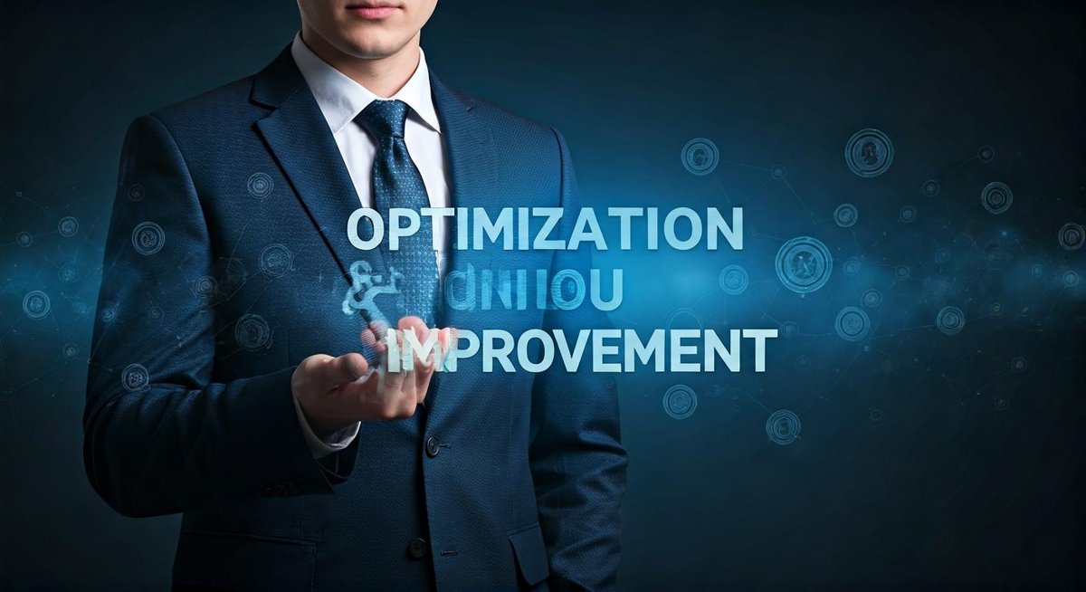 Abstract graphic depicting upward trending arrows and interconnected nodes, symbolizing iterative progress and system opti...