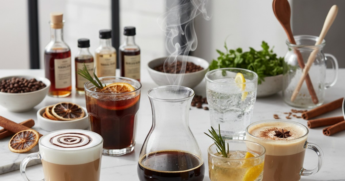 Glass bottle of dark liquid coffee decoction being poured into a tall glass of iced milk, with coffee beans and a cocktail shaker in the background.