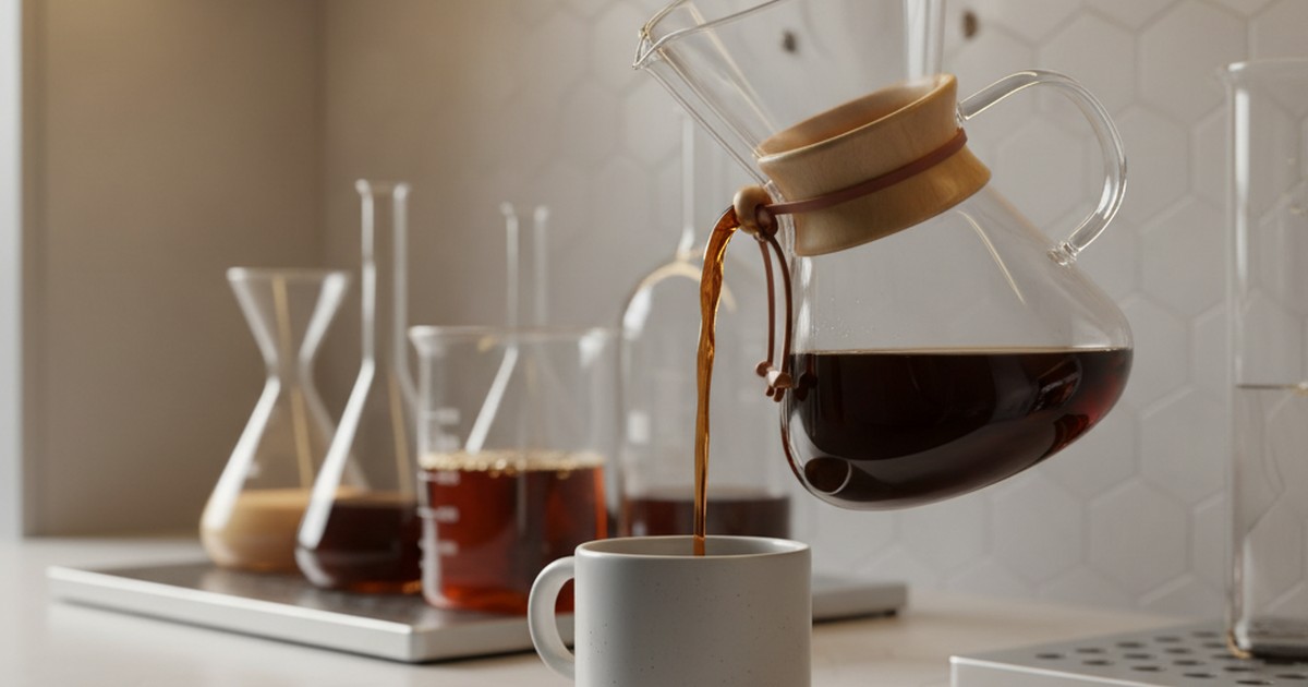 Close up of liquid coffee decoction being poured into hot milk creating a perfect consistent swirl, with a clock in the background symbolizing time saving.