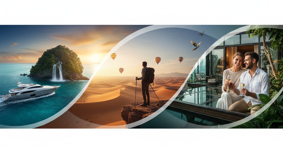 A luxurious private safari tent in Africa overlooking a vast savanna at sunset.