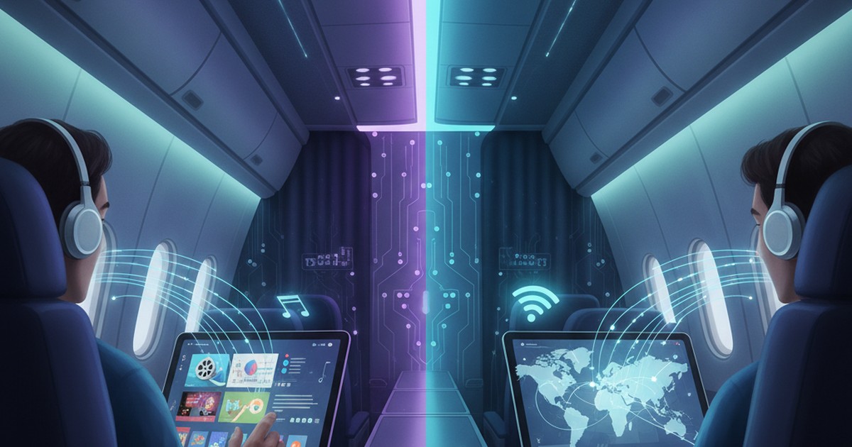 Close-up of a modern Business Class seat cabin screen showing a high-tech in-flight entertainment and WiFi comparison menu
