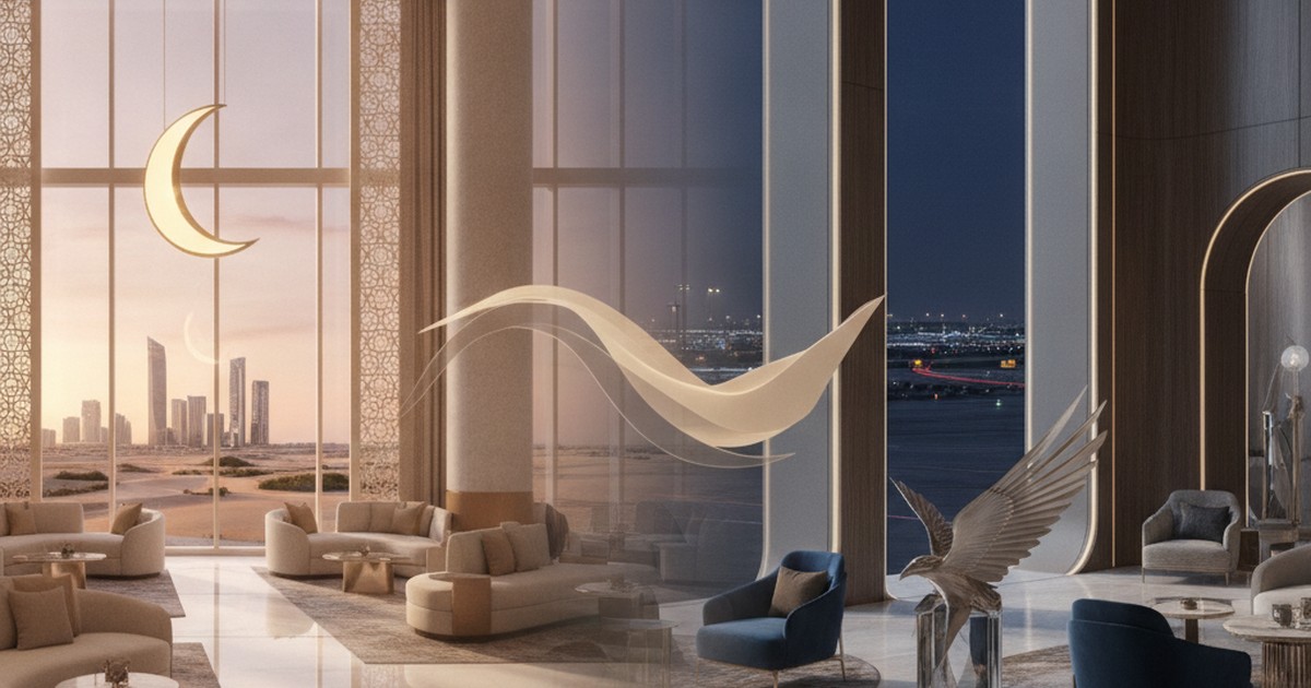 Luxurious airport lounge experience in Abu Dhabi and Doha with comfortable modern seating and elegant bar.