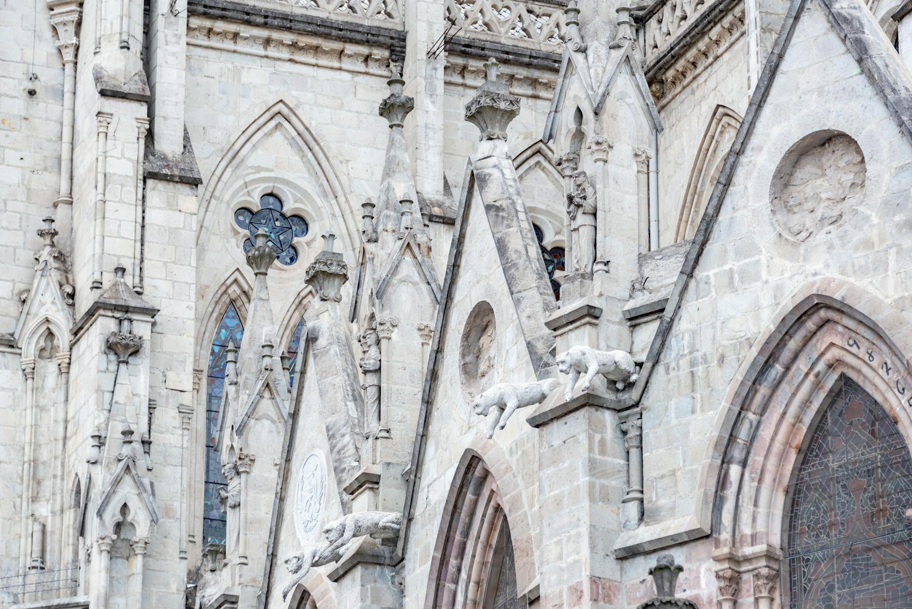 Close-up of the neo-gothic architecture details of the Basilica del Voto Nacional in Quito, Ecuador.
