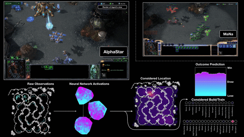 Una visualización del agente AlphaStar durante el segundo juego del torneo contra MaNa. Esto muestra el juego desde el punto de vista del agente: la entrada de observación sin procesar a la red neuronal, las activaciones internas de la red neuronal, algunas de las acciones consideradas que puede tomar el agente, como dónde hacer clic y qué construir, y el resultado previsto. La vista de MaNa del juego también se muestra, aunque esto no es accesible para el agente.