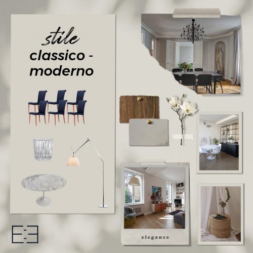 Collage di immagini con arredi, lampade, accessori di design stile classico moderno