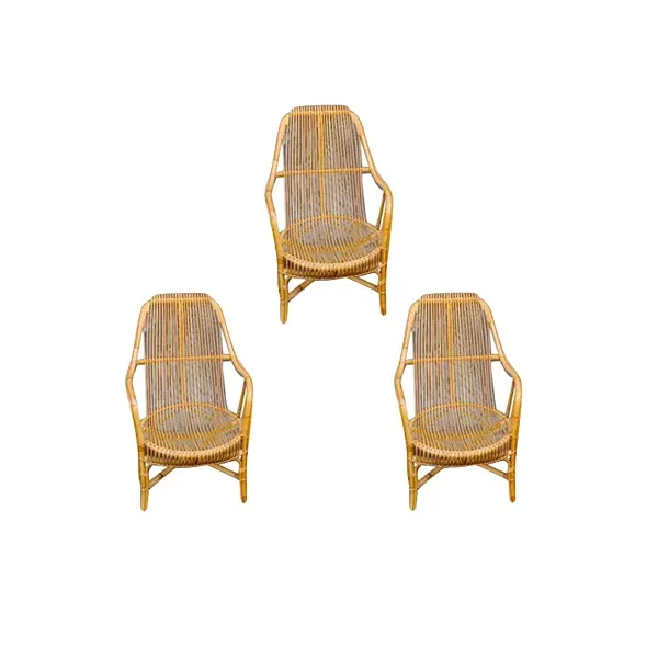 Set of 3 vintage rattan armchairs with cushions (1960s), image