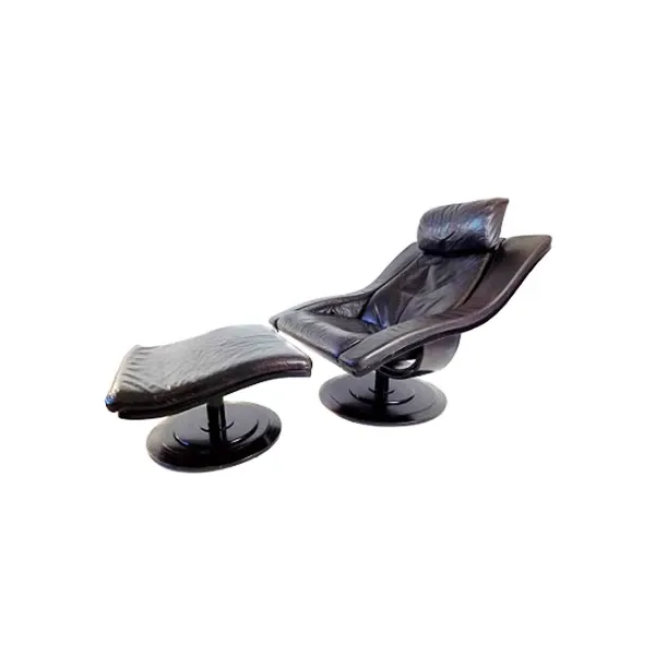 Vintage Sessel mit Hocker Move aus Leder (schwarz) 6