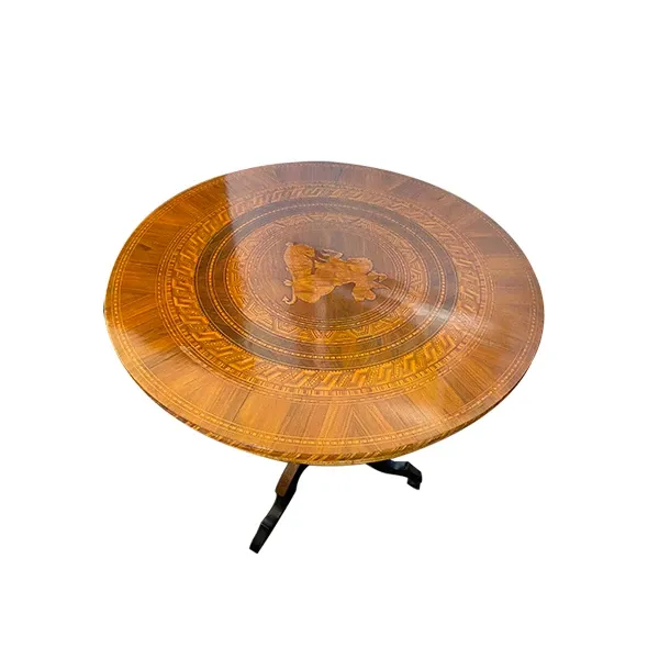 Tavolo rotondo in legno noce intarsiato XIX secolo, 3
