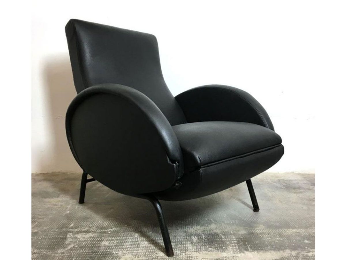 Reclining armchair in black eco-leather (1950s) 6