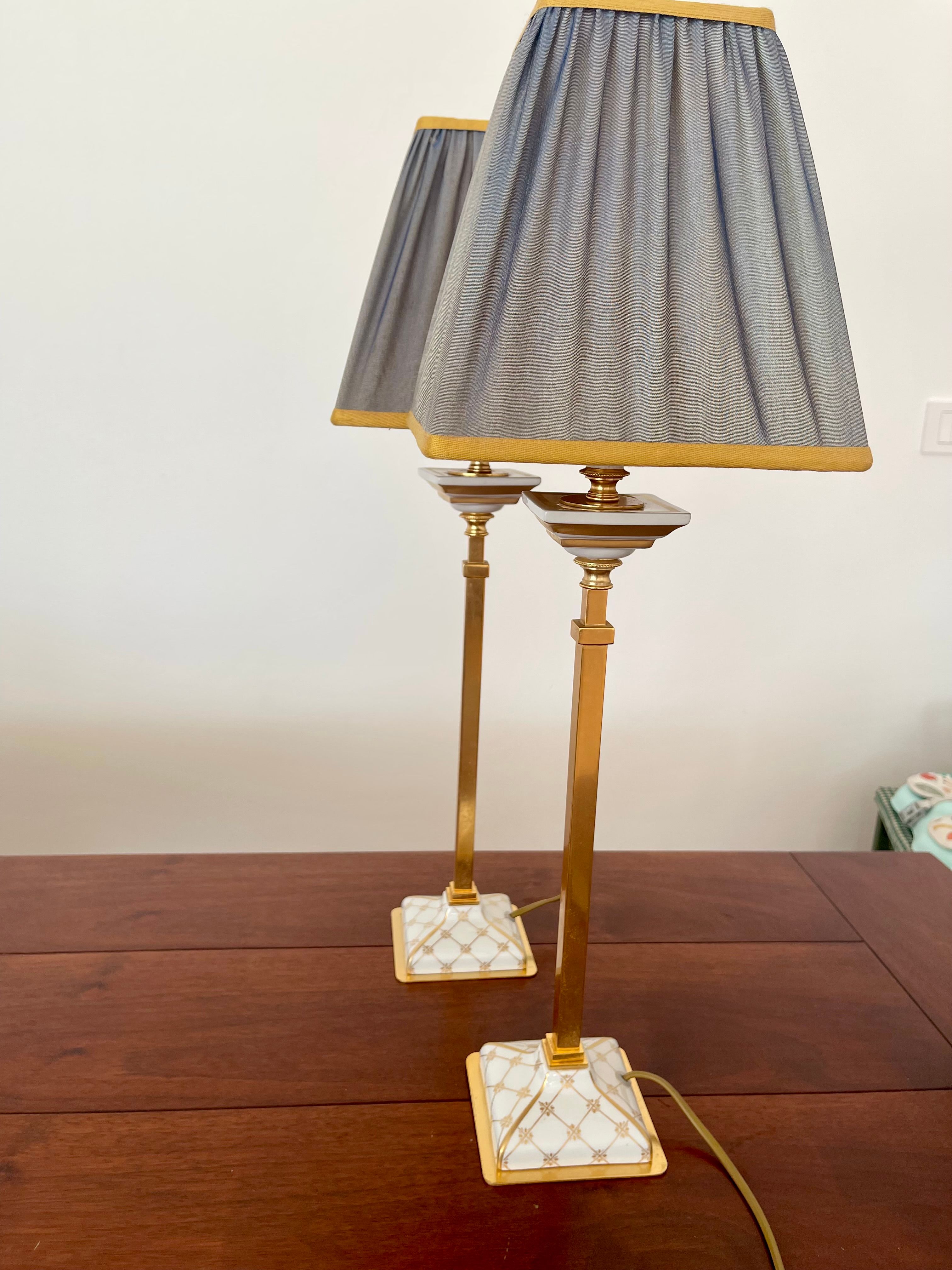 Pair of Porcelain Bedside Lamps with Gold Leaf Front