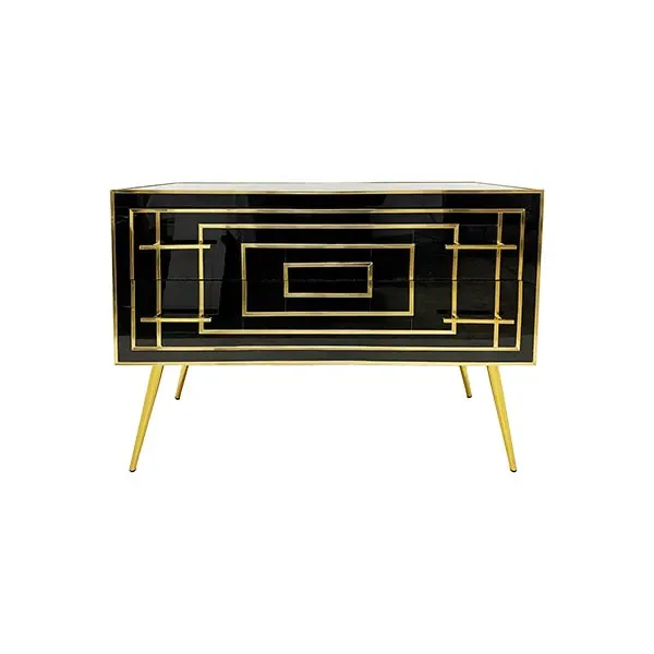 Vintage Black Glass and Brass Dresser with Drawers (1970s) image