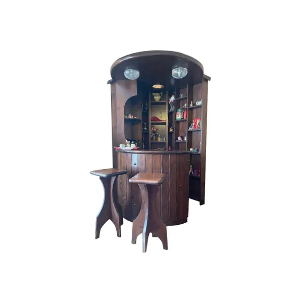 Mobile bar vintage ad angolo con 2 sgabelli in legno 6