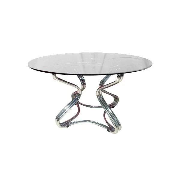 Vintage round smoked glass table with chrome legs, image