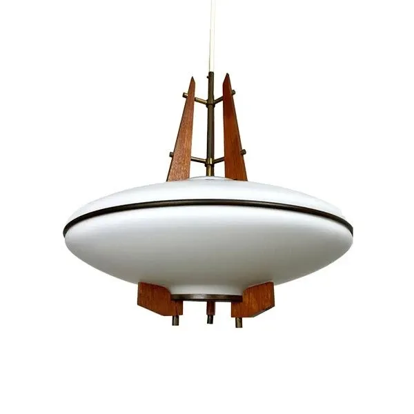 Image of Lampada a sospensione vintage in ottone e vetro opalino (anni'60),