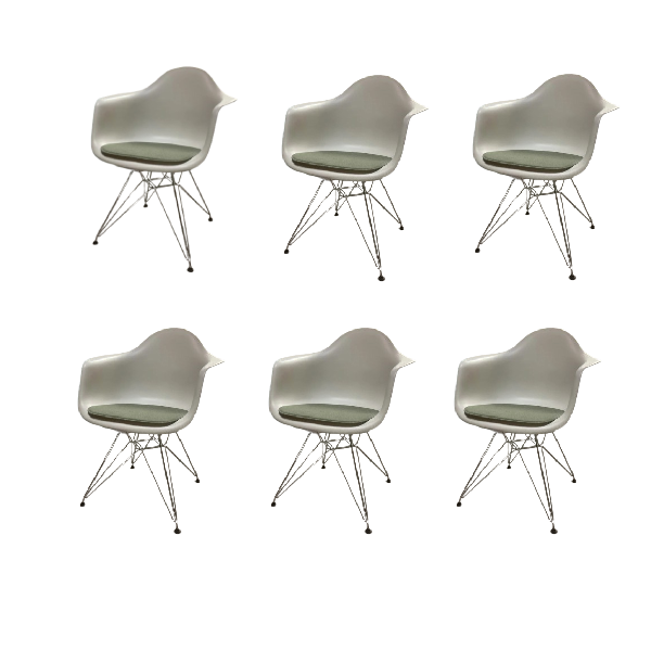 Set of 6 white Eames DAR chairs with green cushion, Vitra image