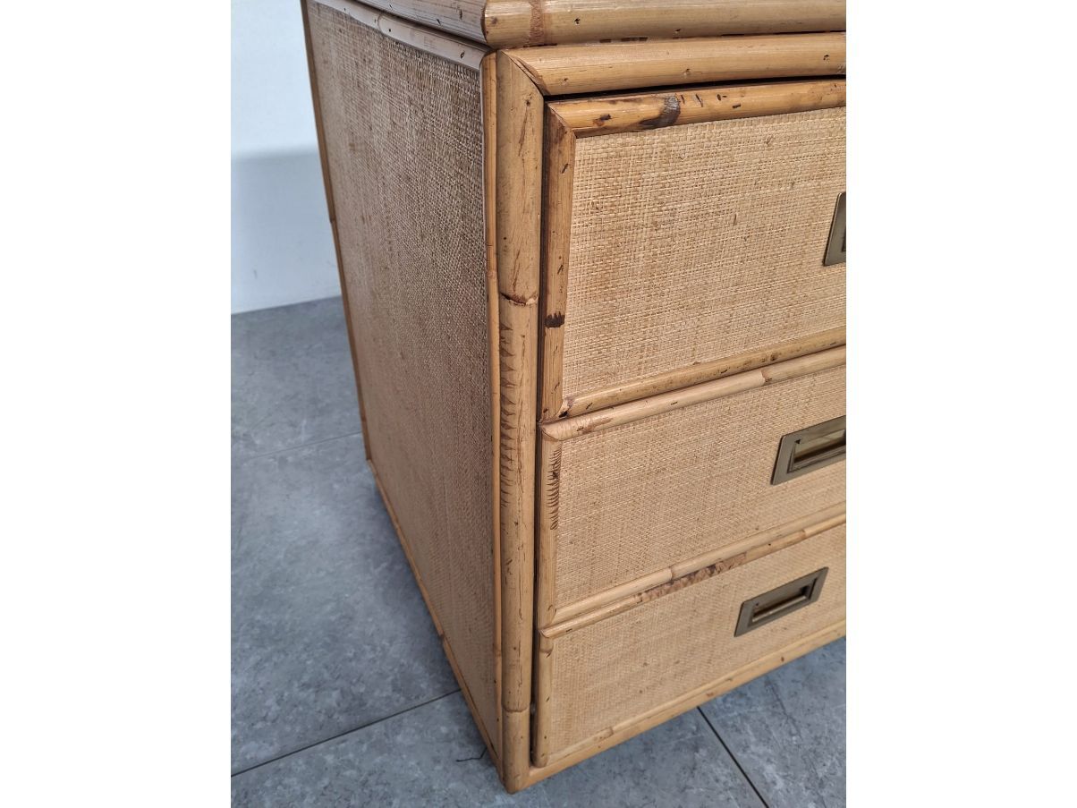 Wooden rattan and wicker chest of drawers (70s) Brand