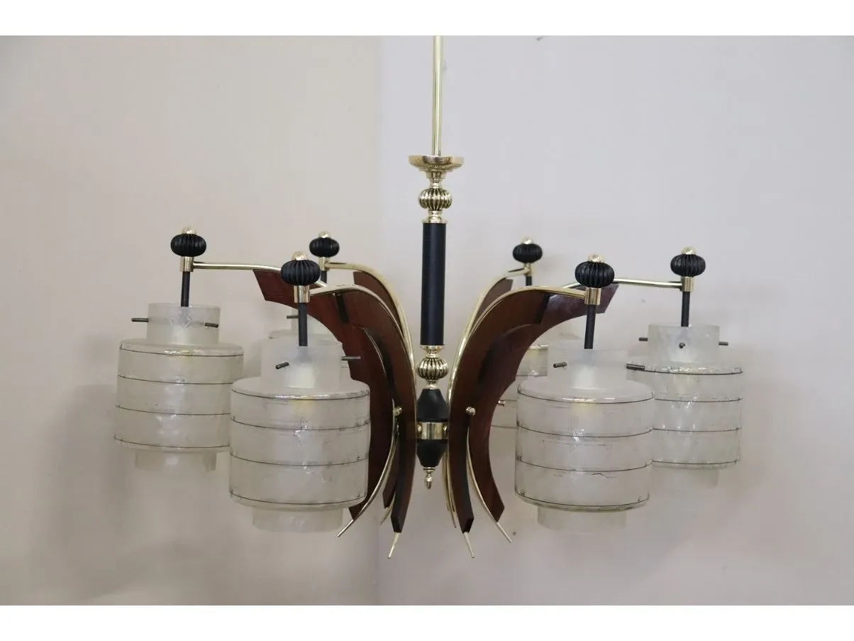 Lampadario in vetro, legno, ottone e metallo vintage (anni '50),  2